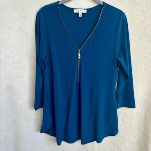 Chaus New York Dark Teal Long 3/4 Sleeve Tunic Skater Hem Zipper Detail Medium